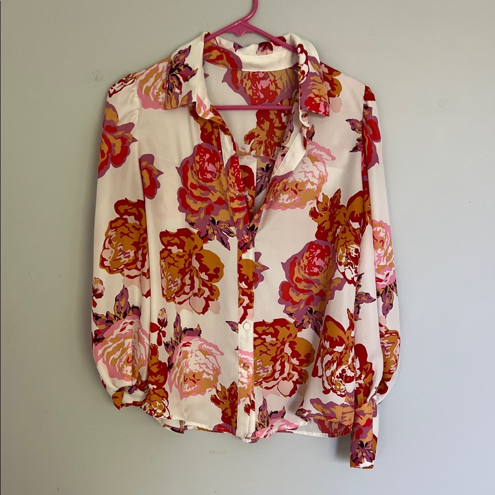 Amazon Floral Button Down Shirt - Pink and Orange